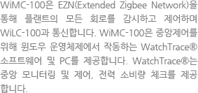 	The WiMC-100 can be networked to the WiLC-100s through EZN (Extended Zigbee Network) as well as monitors and controls the whole circuits in the plant. The WiMC-100 provides the WatchTrace, PC running Windows<SUP>®</SUP> based TESCON Supervisory Software for central programming. The WatchTrace offers central monitoring and control and power consumption check.